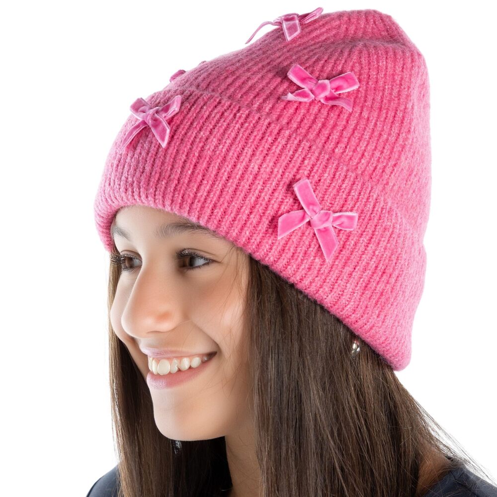 7478 Winter Beanie with Bow Warm Wool Knit Chenille Velvet Bows Ski Cap